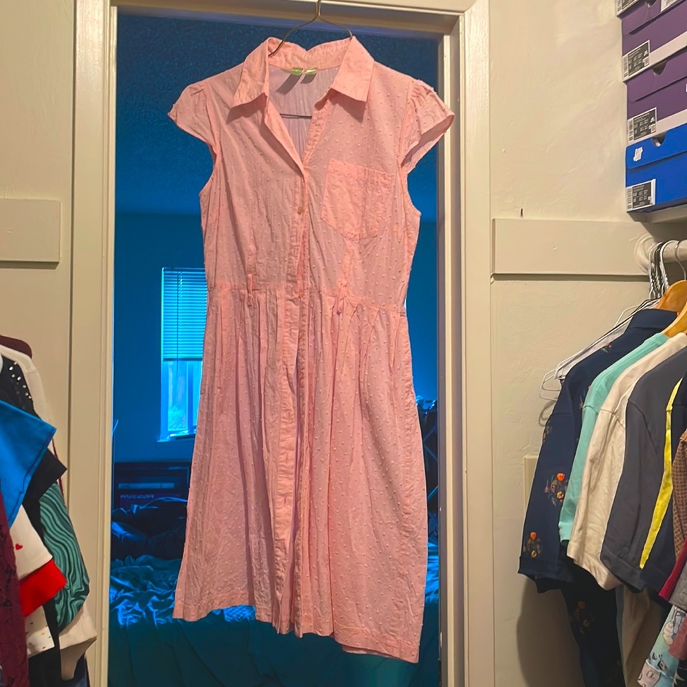 Old school, 50’s, 60’s style pink button down dress.